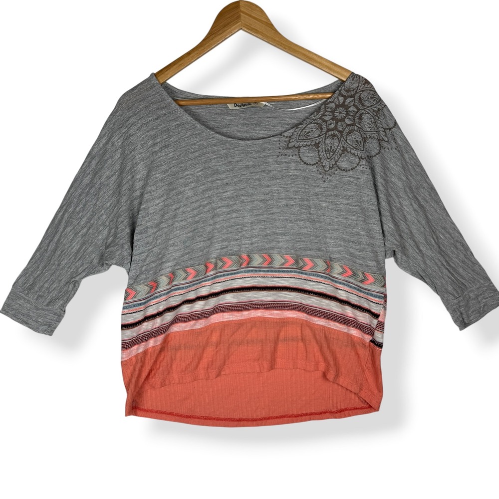 Desigual Top Womens Size Medium Boho Artsy Mandala Geometric Grey Coral